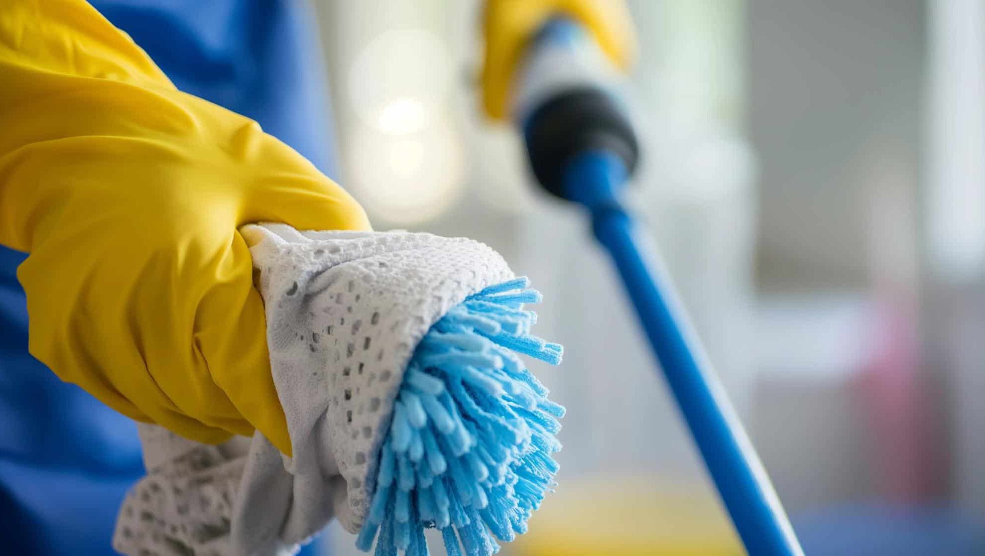 Rengjører med en vaskeklut i hånden